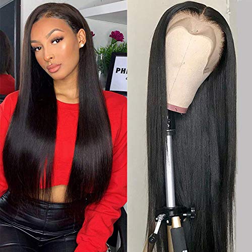 Lace Front Wigs Human Hair 24 inch Straight Lace Frontal Wigs For Black Woman 13x4 Lace Front Wigs Pre Plucked Hairline with Baby Hair 150% Density 10A Dyale Natural Black Hair Wig(24 inch)
