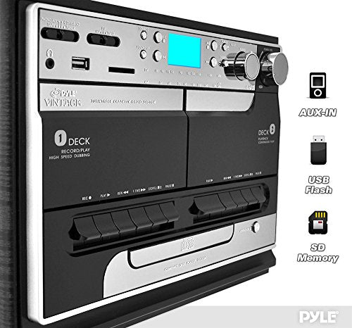 Updated Classic Style Record Player - Bluetooth Turntable with Vinyl to MP3 Recording, Dual Cassette Deck & CD Player, Convert Vinyl to MP3, 3 Speeds: 33, 45, 78 RPM, Wireless Remote - Pyle PTTCSM70BT