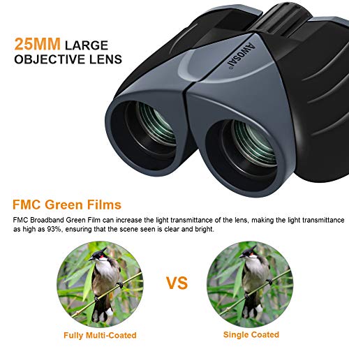 10x25 Compact Binoculars for Adults and Kids, Small Mini Pocket Folding Binoculars with Low Light Night Vision, BAK4 Prism FMC Lens, Great for Bird Watching, Outdoor Hunting, Sports and Concert