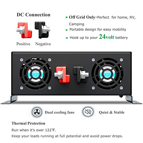 WZRELB Reliable 2000W High Frequency LED Display Power Generator True Pure Sine Wave Solar Power Inverter Off Grid DC to AC 24V 120V Converter(Black)