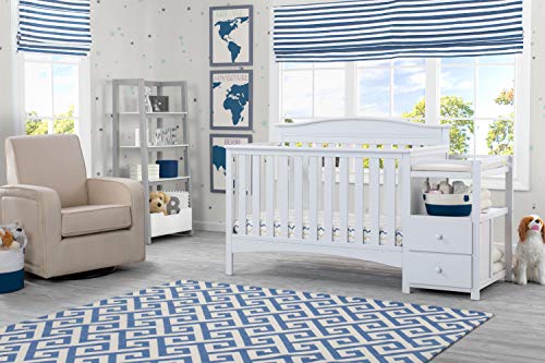 Delta Children Birkley Convertible Crib N Changer, Bianca White with Twinkle Stars Supreme Crib and Toddler Mattress