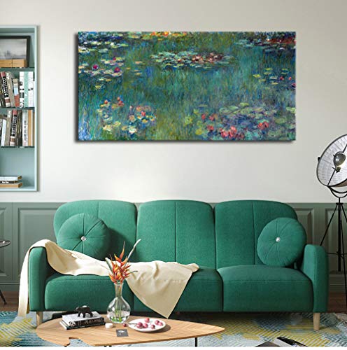 Large Canvas Wall Art Water Lilies by Claude Monet Landscape Canvas Pictures Modern Green Garden Canvas Artwork Contemporary Wall Art Nature Picture for Home Office Wall Decor Framed Ready to Hang