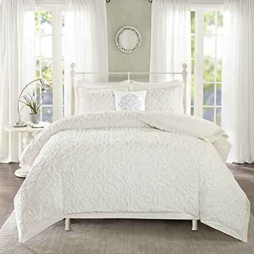 Madison Park Tufted Chenille Cotton Comforter All Season Bedding Set, Matching Shams, King/California King (104 in x 92 in), Sabrina Shabby Chic, Medallion Off White