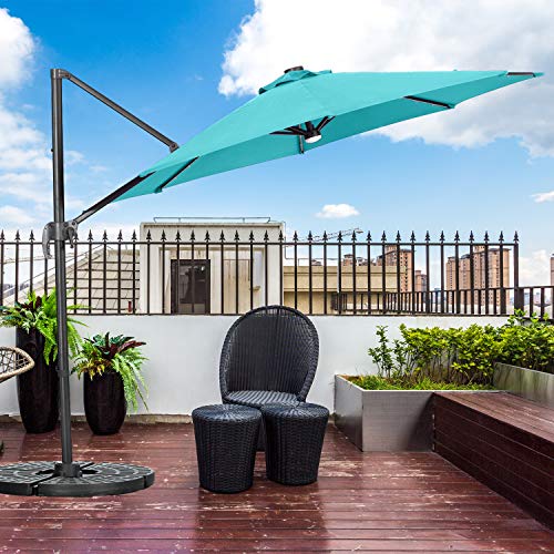 10 FT Patio Umbrella Cantilever Umbrella with Solar LED Light 360° Rotation Hanging Umbrella with Tilt & Crank Outdoor Market Umbrella,8 Sturdy Ribs(Blue)