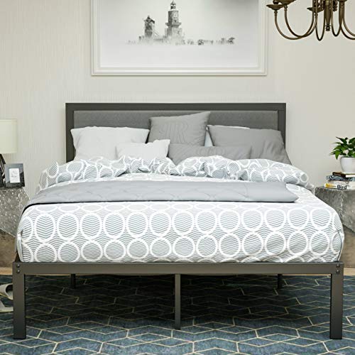 LAGRIMA Heavy Duty Metal Queen Bed Frame/Platform Bed with Grey Foam Cushioned Upholstered Headboard/with Solid Wood Slats Support/Mattress Foundation/Queen, Black