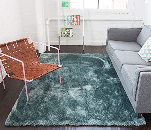Well Woven Shimmer Shag Ocean Blue Solid Plain Modern Luster Ultra Thick Soft Plush Area Rug 7 x 10 (6'7" x 9'10") Contemporary Retro Polyester Textured 2" Pile Yarn Easy Clean Stain Fade Resistant