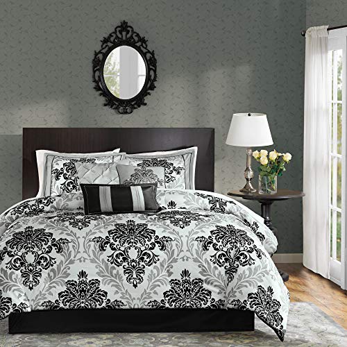 Madison Park Bella Comforter Set-Casual Damask Design All Season Cozy Bedding, Matching Bedskirt, Shams, Decorative Pillows, California King (104 in x 92 in), Black, 7 Piece