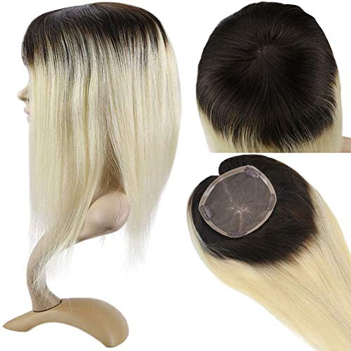 LaaVoo Topper Hair Pieces Straight Human Hairpieces for Women Ombre Darkest Brown to Light Blonde Ombre With Mono Base 5X5 inch Long Topper Hair Extensions 130% Density Free Part Human Hair