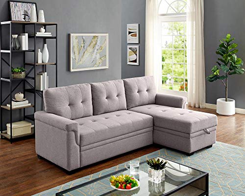 Lilola Home Lucca Linen Reversible Sleeper Sectional Sofa Light Gray