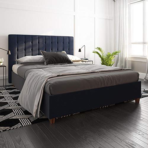 DHP Emily Upholstered Linen Platform Bed with Wooden Slat Support, Tufted Headboard, Queen Size - Blue