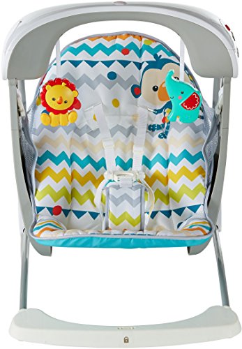 Fisher-Price Colourful Carnival Take-Along Swing and Seat, Blue/Gray Chevron, Portable Baby Swing and Stationary Infant Seat