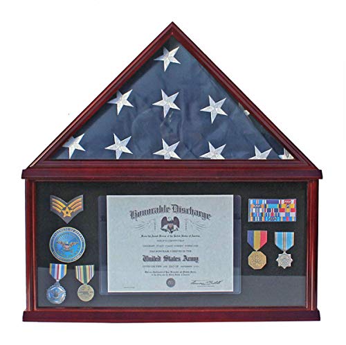 Large Military Shadow Box Frame Memorial Burial Funeral Flag Display Case for 5' X 9.5' Flag Folded, Solid Wood (Black Felt)