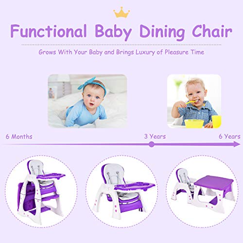 HONEY JOY Baby High Chair, 4-in-1 Convertible Baby Highchair/Booster Seat/Toddler Recliner Chair/Table and Chair Set, Footrest & Safety Harness, 3-Position Adjustable Feeding Tray for Infants(Purple)