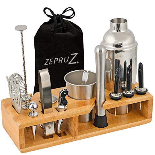 20 Piece Cocktail Shaker Bartender Kit: hIGH Quality Stainless Steel Bar Tools/Accessories With Bamboo Stand. Velvet Bag Included.