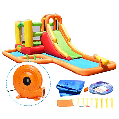 Costzon Inflatable Slide Bouncer, Bounce House with Climbing Wall, Jump Area, Basketball Hoop, Splash Pool