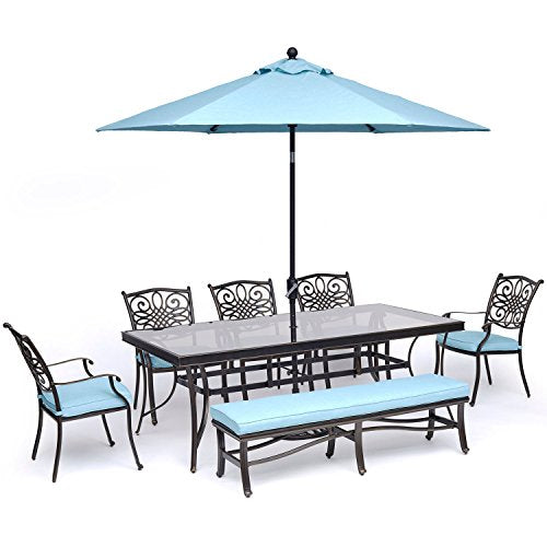 Hanover TRADDN7PCSWRD6-BLU Round Cast-top Table and Six Swivel Rockers 7 Piece Dining Set, Red