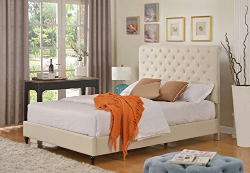 Home Life Cloth Light Beige Cream Linen 51" Tall Headboard Platform Bed with Slats Queen - Complete Bed 5 Year Warranty Included 008