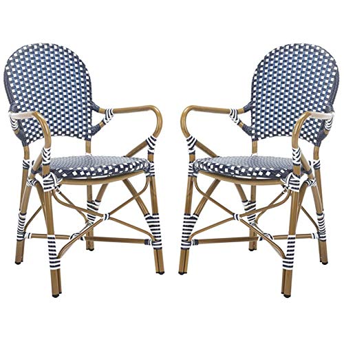 Safavieh Home Hooper Navy and White Indoor/Outdoor Rattan Stacking Arm Chair, Set of 2