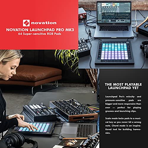 Novation Launchpad Pro MK3 MIDI Controller and Grid Instrument with Ableton Live and with Samson Stereo Headphones + Cable + Fibertique Cleaning Cloth