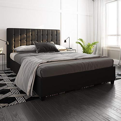 DHP Emily Upholstered Faux Leather Platform Bed with Wooden Slat Support, Tufted Headboard, Twin Size - Black