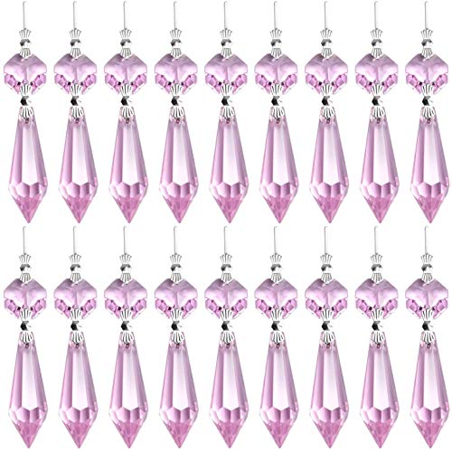 20 Pieces Chandelier Icicle Crystal U-Drop Prisms Lamp Parts Glass Pendants Beads for Wedding, Party or Holiday Decoration, 37mm, Pink