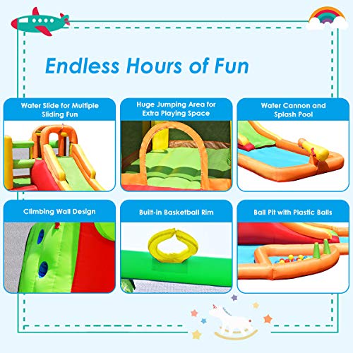 Costzon Inflatable Slide Bouncer, Bounce House with Climbing Wall, Jump Area, Basketball Hoop, Splash Pool