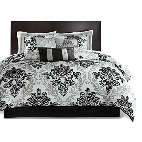 Madison Park Bella Comforter Set-Casual Damask Design All Season Cozy Bedding, Matching Bedskirt, Shams, Decorative Pillows, California King (104 in x 92 in), Black, 7 Piece