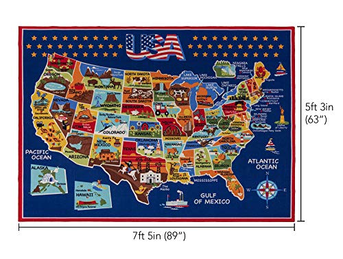 Gertmenian Smithsonian Rug US Map Learning Carpets Bedding Play Mat Classroom Decorations Blue Area Rugs 5x7, Navy