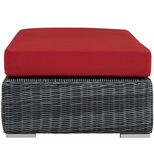 Modway Summon Wicker Rattan Outdoor Patio Sunbrella Fabric Rectangle Ottoman in Canvas Red