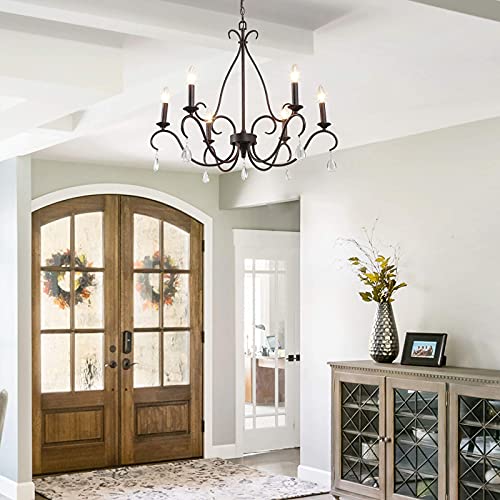 LALUZ Rustic Farmhouse Chandelier, 6-Light Bronze French Country Chandeliers with Crystal Pendants for Dining Room, Living Room, Kitchen, 28''