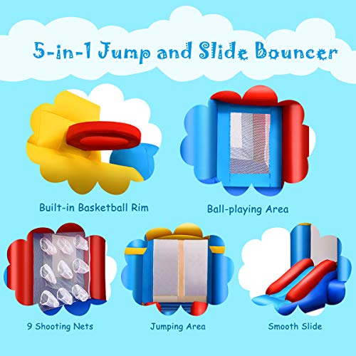 Costzon Inflatable Bounce House, Kids Slide Jumping Bouncer Castle w/Basketball Rim, Ball Shooting, Including Oxford Carrying Bag