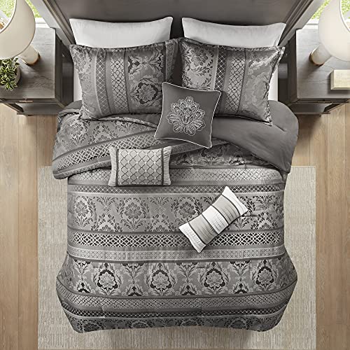 Madison Park Cozy Comforter Set-Luxurious Jaquard Traditional Damask Design All Season Down Alternative Bedding with Matching Shams, Decorative Pillow, California King (104 in x 92 in), Grey 7 Piece