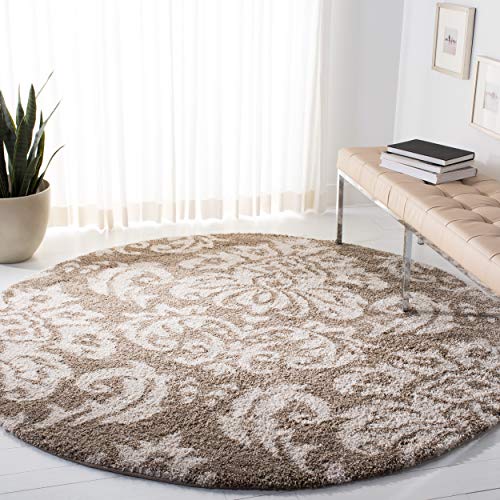 SAFAVIEH Florida Shag Collection SG460 Damask Non-Shedding Living Room Bedroom Dining Room Entryway Plush 1.2-inch Thick Area Rug, 6'7" x 6'7" Round, Beige / Cream