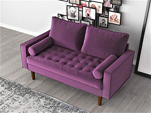 Container Furniture Direct S5458 Mid Century Modern Velvet Upholstered Tufted Living Room Loveseat, 57.87", Eggplant