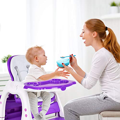 HONEY JOY Baby High Chair, 4-in-1 Convertible Baby Highchair/Booster Seat/Toddler Recliner Chair/Table and Chair Set, Footrest & Safety Harness, 3-Position Adjustable Feeding Tray for Infants(Purple)