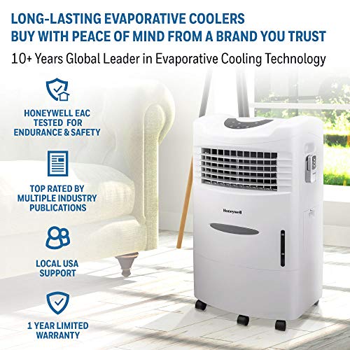 Honeywell 470-659CFM Portable Evaporative Cooler, Fan & Humidifier with Ice Compartment & Remote, CL201AEW, White