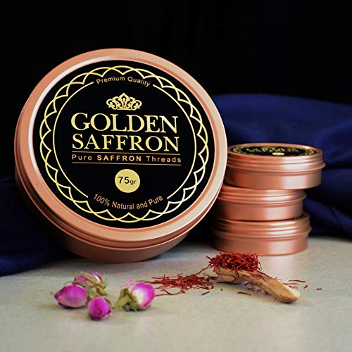 Golden Saffron, Finest Pure Premium All Red Saffron Threads, Grade A+ Super Negin, Non-GMO Verified. For Tea, Paella, Rice, Desserts, Golden Milk and Risotto (75 Grams)