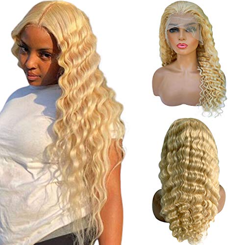 18 Inch 613 Lace Front Wig Curly Brazilian Virgin Human Hair Blonde Deep Wave Lace Front Wigs for Black Women 150% Density Pre Plucked with Baby Hairs, Can be Dyed