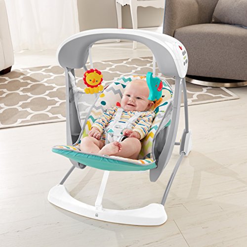 Fisher-Price Colourful Carnival Take-Along Swing and Seat, Blue/Gray Chevron, Portable Baby Swing and Stationary Infant Seat