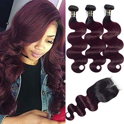 12A Brazilian Remy Hair Body Wave Bundles with Closure 2 Tone Ombre Hair 20" 18" 16" with 14" Free Part Burgundy Dark Wine Red Two Tone Ombre Bundles with Lace Closure