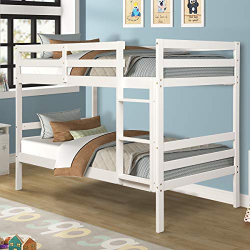 Costzon Twin Bunk Bed, Solid Hardwood with Ladder and Safety Rail, (White)