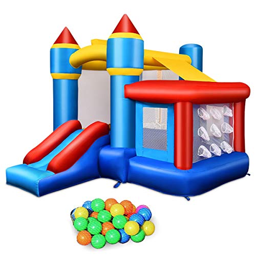 Costzon Inflatable Bounce House, Kids Slide Jumping Bouncer Castle w/Basketball Rim, Ball Shooting, Including Oxford Carrying Bag