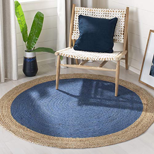 Safavieh Natural Fiber Collection NF801D Hand-woven Jute Area Rug, 9' Round, Royal Blue/Natural