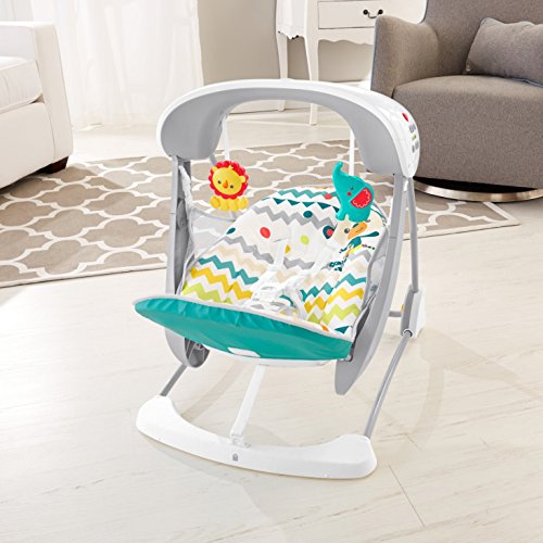 Fisher-Price Colourful Carnival Take-Along Swing and Seat, Blue/Gray Chevron, Portable Baby Swing and Stationary Infant Seat