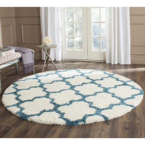 SAFAVIEH Kids Shag Collection SGK569C Moroccan Trellis Non-Shedding Living Room Bedroom Dining Room Entryway Plush 2-inch Thick Area Rug, 6'7" x 6'7" Round, Ivory / Blue