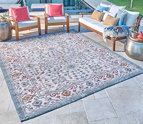 Gertmenian 22133 Bohemian Outdoor Rug Distressed Patio Outside Boho Carpet, 8x10 Large, Oushak Abstract Border Denim Green