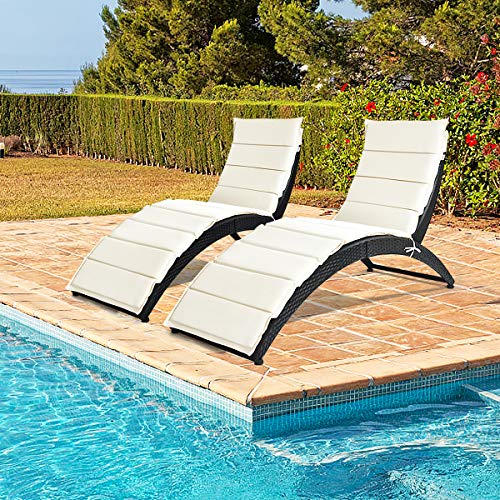 Tangkula Foldable Patio Lounge Chair, Outdoor Rattan Lounger Chaise, Portable Patio Chaise with Cushion, All-Weather Wicker Furniture for Garden Lawn Balcony Backyard Poolside (2)