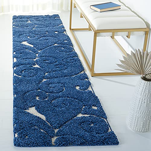 SAFAVIEH Florida Shag Collection SG455 Scrolling Vine Graceful Swirl Textured Non-Shedding Living Room Bedroom Dining Room Entryway Plush 1.2-inch Thick Runner, 2'3" x 15' , Dark Blue / Cream