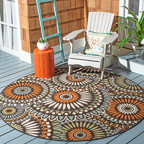 SAFAVIEH Veranda Collection 6'7" x 6'7" Round Chocolate / Terracotta VER091 Boho Floral Indoor/ Outdoor Non-Shedding Easy Cleaning Patio Backyard Porch Deck Mudroom Area Rug