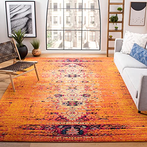 SAFAVIEH Monaco Collection MNC209H Modern Boho Abstract Distressed Non-Shedding Living Room Bedroom Dining Home Office Area Rug, 6'7" x 6'7" Square, Orange / Multi